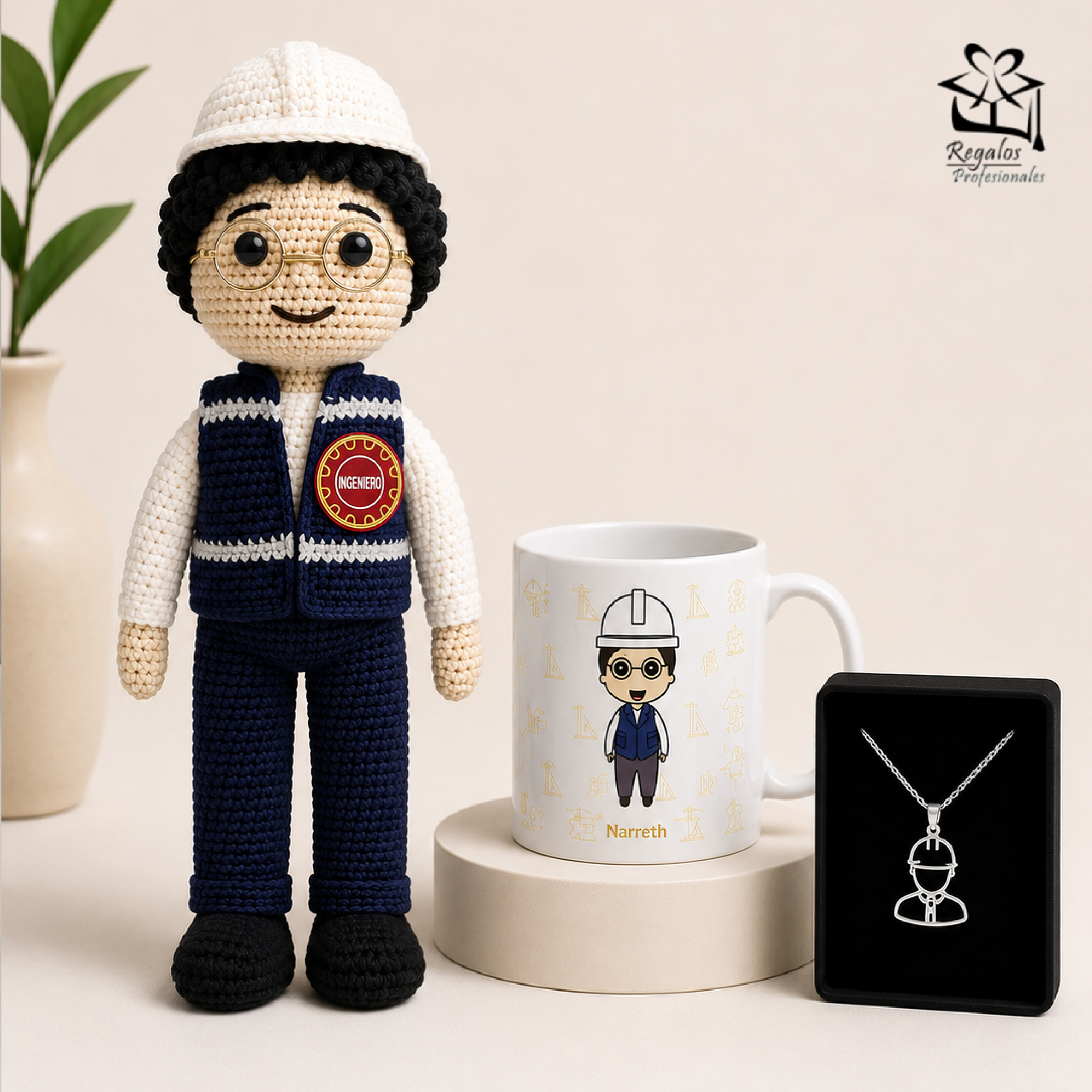 Set para Ingeniero Personalizado – Muñeco Tejido, Collar y Taza